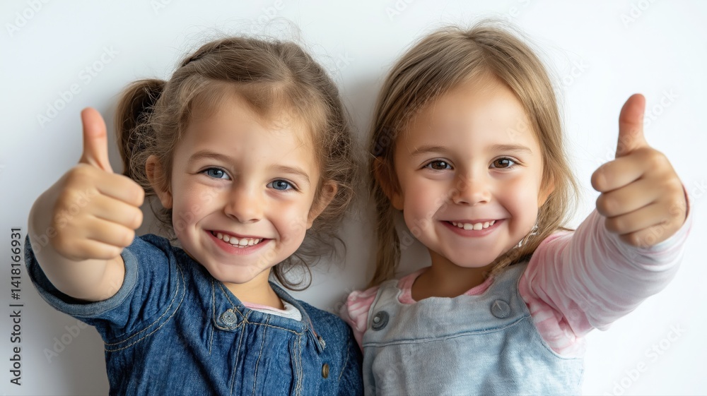 Two children smiling and giving thumbs up in a bright setting together Two children smiling and giving thumbs up in a bright setting together