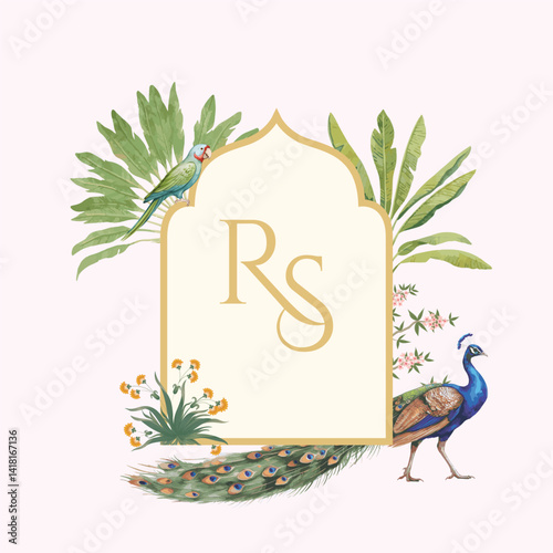 Traditional Mughal Wedding Monogram Design. Pichwai, Mughal, traditional theme Monogram 
design for wedding. 