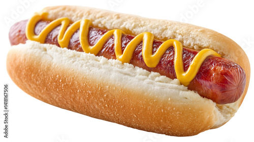 Close-up front view of a delicious hot dog with sausage, mustard, and bun on transparent background. Perfect for food advertising and menu design.