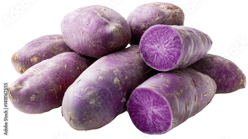 Close-up front view of purple yam isolated on transparent background. Fresh whole root vegetable with vibrant color, perfect for health, cooking, and food concept.