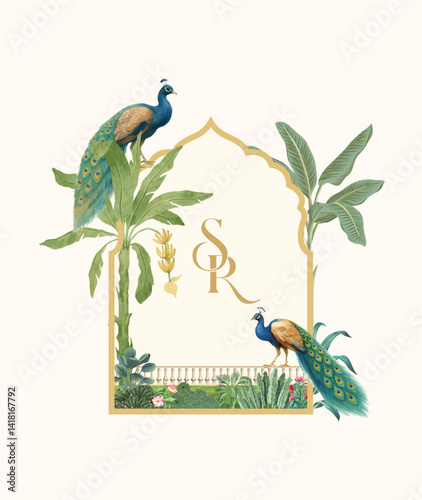 Traditional Mughal Wedding Monogram Design. Pichwai, Mughal, traditional theme Monogram 
design for wedding. 