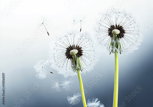 Two Dandelions and Floating Seeds A Floral Dream, Nature, Seeds