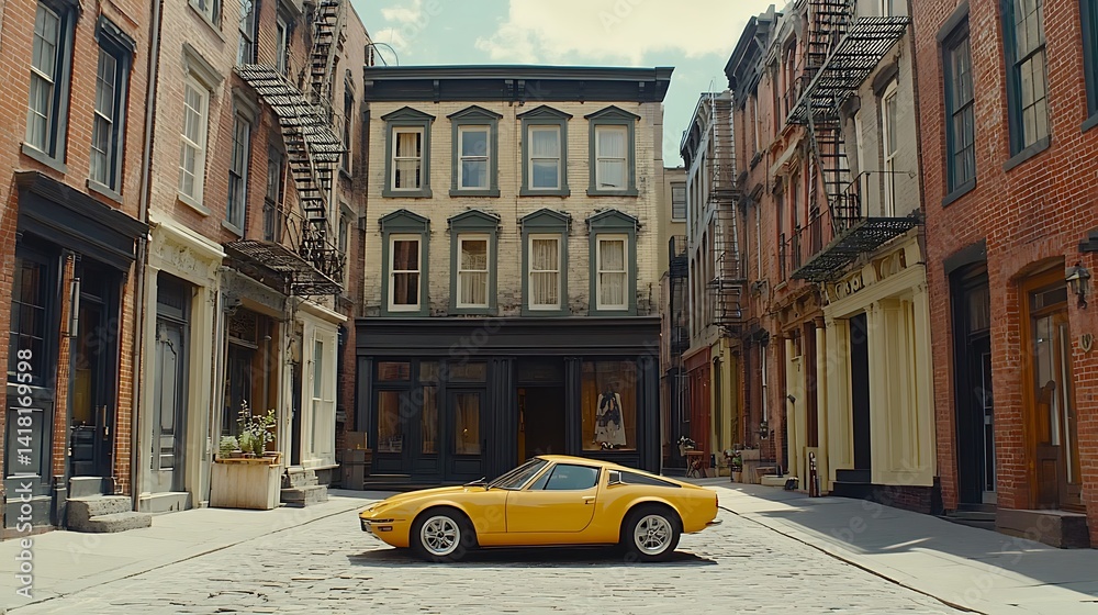 Fototapeta premium Classic yellow car parked on cobblestone street between aged buildings