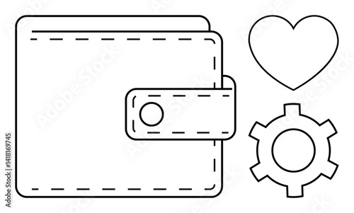 Wallet with a clasp, gear signifying settings or customization, and heart symbol. Ideal for finance, organization, savings, customization, budgeting, lifestyle simple landing page