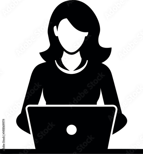 Woman Working on Laptop Vector Silhouette
