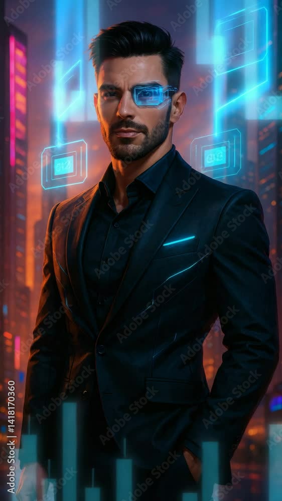 Confident businessman in a suit with futuristic glasses against a blurred digital cityscape Confident businessman in a suit with futuristic glasses against a blurred digital cityscape