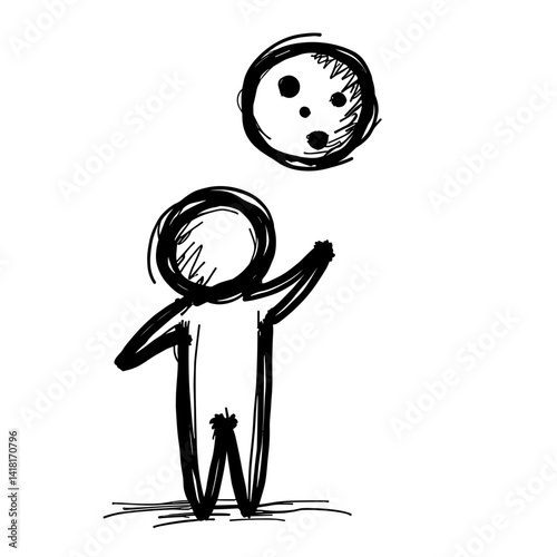 Hand-drawn person icon juggling a moon object in sketchy style - concept of creativity imagination idea surreal concept