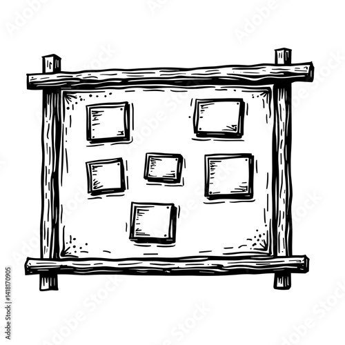 Hand-drawn bulletin board icon with post-it notes in sketch style - concept of brainstorming ideas office reminders creative process