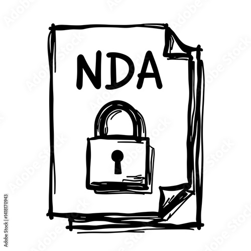 Hand-drawn NDA document icon with lock symbol and sketched style - concept of confidentiality non-disclosure agreement security legal privacy