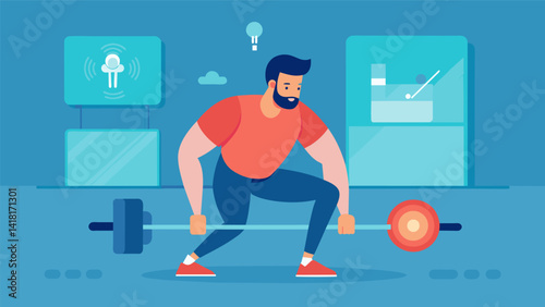 A users muscles ache as they perform deadlifts in the virtual gym but they find relief in knowing their form and technique is being monitored and. Vector illustration