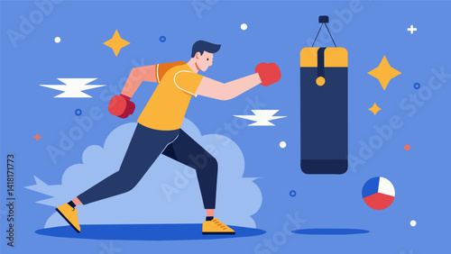 A man throwing jabs and crosses at a virtual heavy bag getting realtime feedback on his form and intensity.. Vector illustration