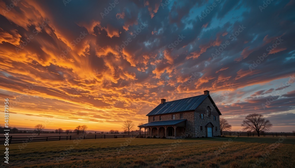 Rustic Farmhouse Under Dramatic Sunset Sky with Colorful Clouds Rustic Farmhouse Under Dramatic Sunset Sky with Colorful Clouds