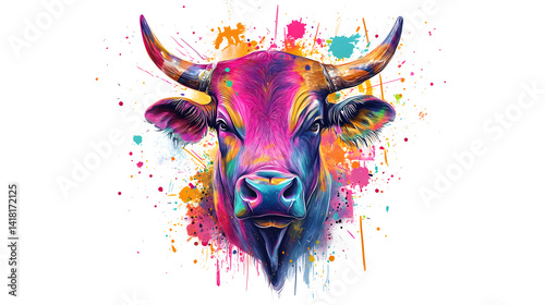 Vibrant Colorful Bull Portrait with Abstract Paint Splashes