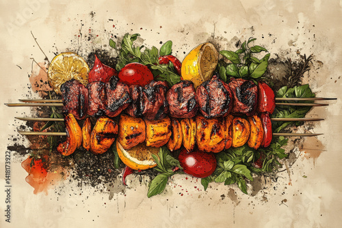 Vibrant painting: Grilled meat and assorted vegetables on a sizzling barbecue, capturing the essence of a summer cookout. Wood smoke curls up in the background.
