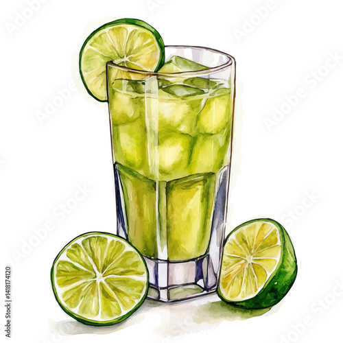 Glass Of Freshly Squeezed Lime Juice, vector watercolor illustration, isolated on a white background.