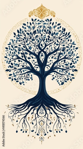 Flat art style icon of a sacred tree of life with tribal ancestral symbols, minimal geometric lines and neutral tones