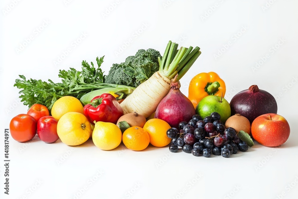 Fresh Produce Still Life Colorful Fruits and Vegetables on White Background ,Healthy food , Vitamins