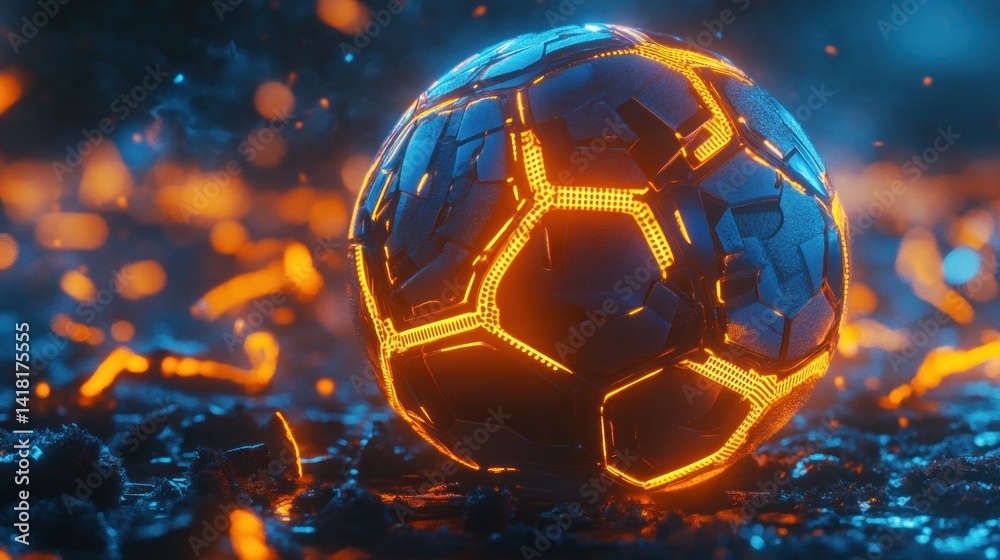 Fototapeta premium Futuristic sphere glows, fiery ground, abstract art