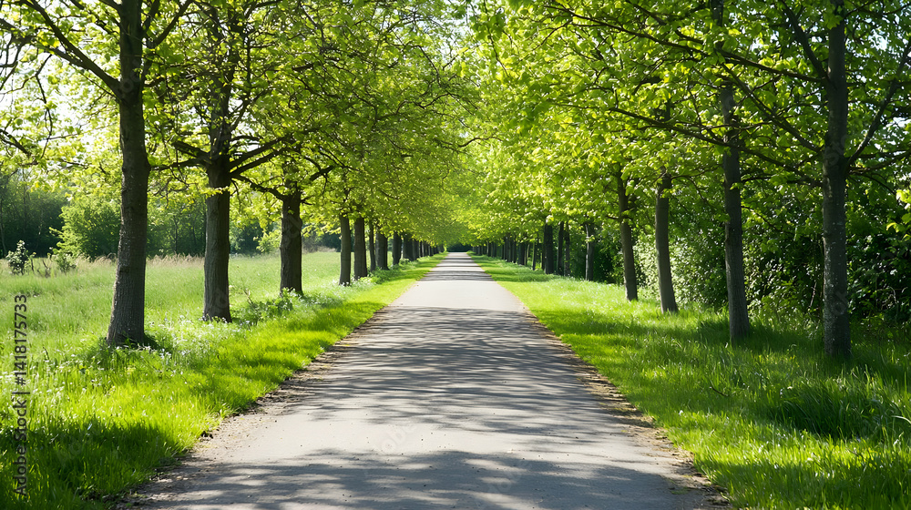 Sunlit Country Road Lined With Green Trees Sunlit Country Road Lined With Green Trees