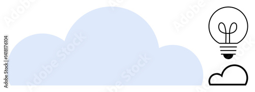 Large cloud shape paired with a minimal light bulb and a smaller cloud. Ideal for technology, innovation, creativity, solutions, data storage, energy, brainstorming. Flat simple metaphor