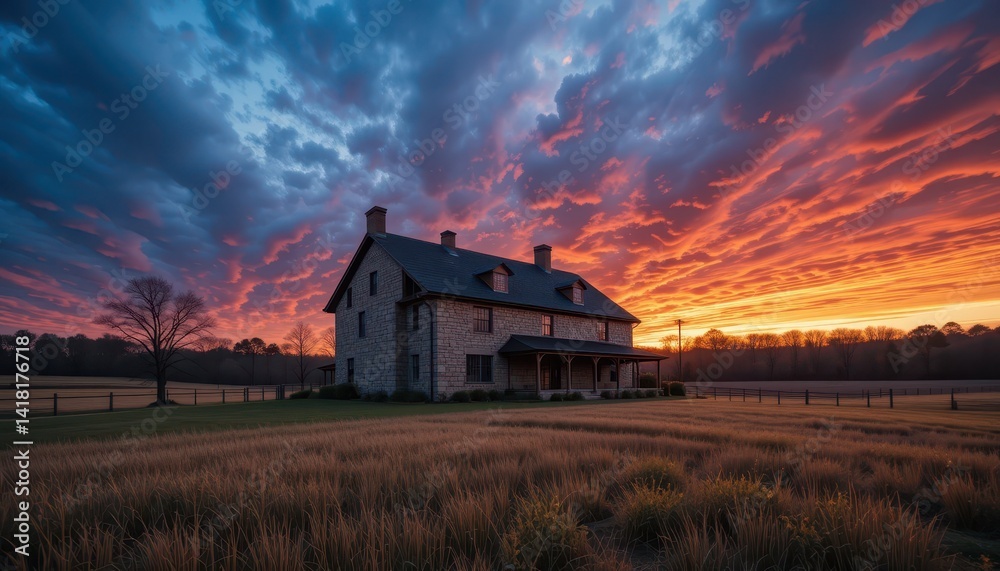 Serene Country House Under Vibrant Sunset with Dramatic Clouds Serene Country House Under Vibrant Sunset with Dramatic Clouds