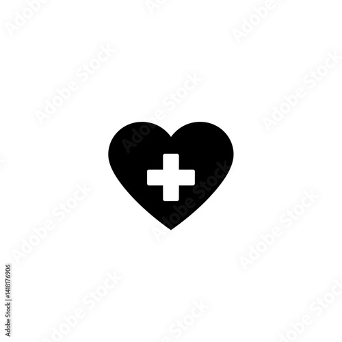 Heart Icon in Minimal Black Silhouette Style with Medical Cross Centered Inside in Vector Format