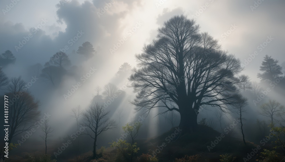 Fototapeta premium Ethereal Tree Silhouette in Misty Forest with Dramatic Rays of Light