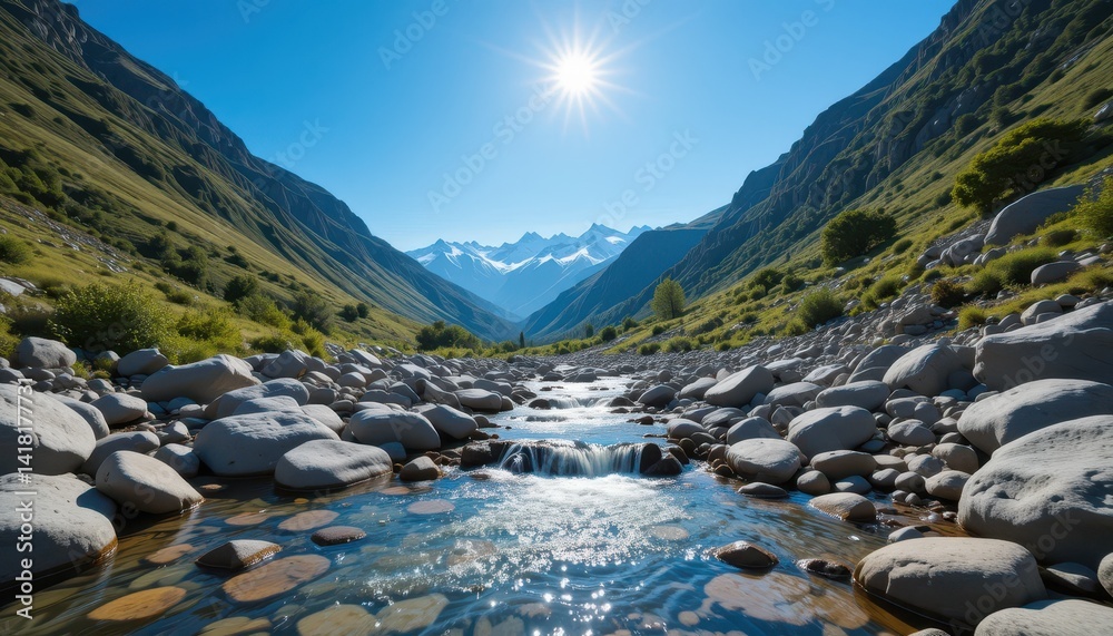 Fototapeta premium Serene Mountain Stream Flowing Through Rocky Valley Under Bright Sun