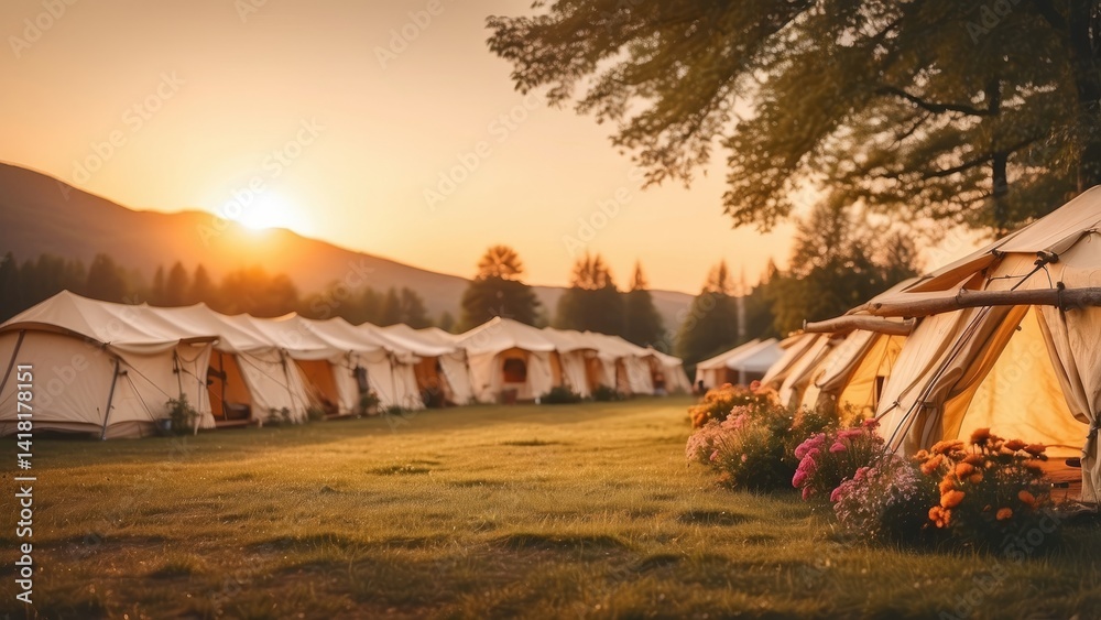 Obraz premium A tranquil glamping site at sunset, featuring spacious tents arranged along a gravel path