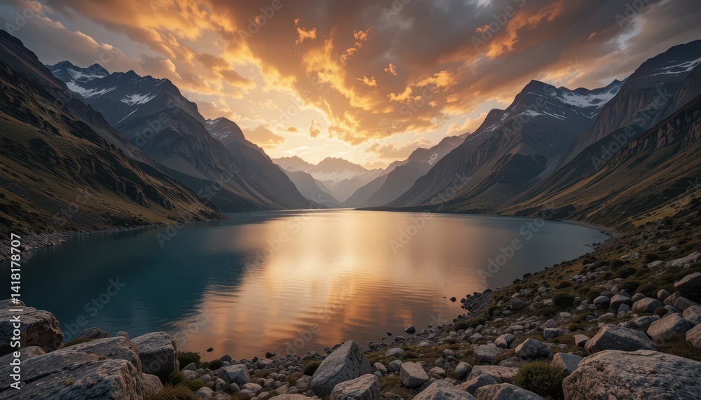 Obraz premium Stunning Mountain Lake at Sunset with Dramatic Cloud Reflections