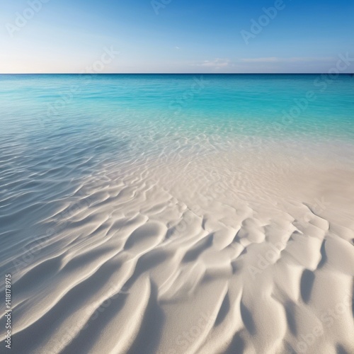 A picturesque beach with soft, white sand, surrounded by azure waters and bathed in sunlight.