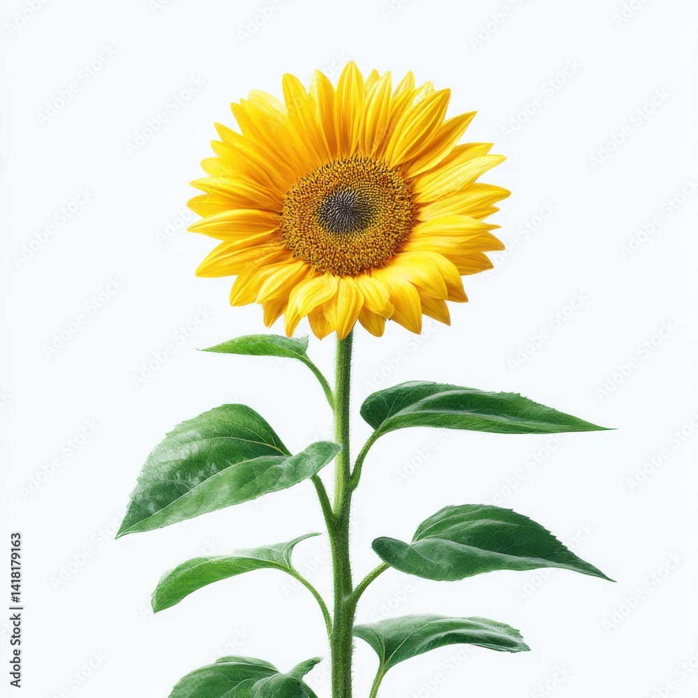 Obraz premium Single sunflower with green leaves isolated on white background