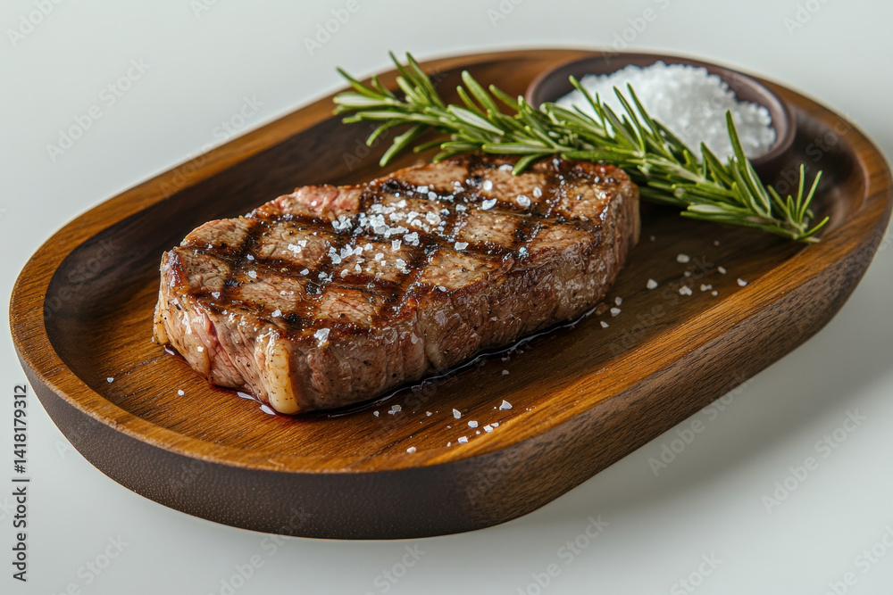 Grilled steak topped with rosemary and salt on a rustic wooden board, surrounded by vibrant grilled vegetables on a summer outdoor table setting. Grilled steak topped with rosemary and salt on a rustic wooden board, surrounded by vibrant grilled vegetables on a summer outdoor table setting.