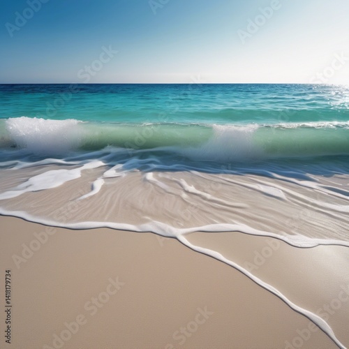 A picturesque beach with soft, white sand, surrounded by azure waters and bathed in sunlight.