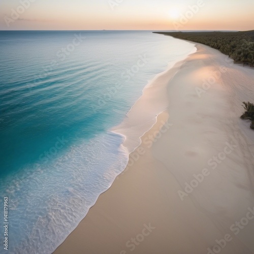 A picturesque beach with soft, white sand, surrounded by azure waters and bathed in sunlight.