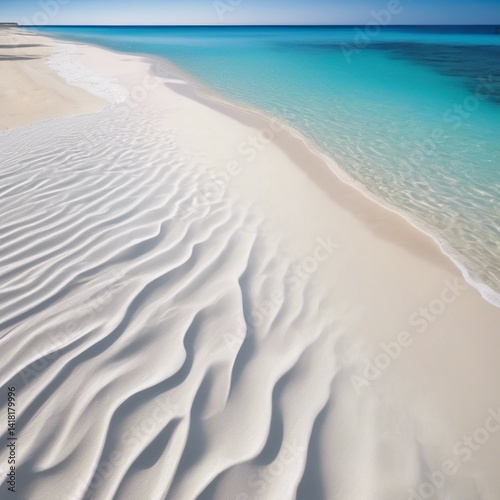 A picturesque beach with soft, white sand, surrounded by azure waters and bathed in sunlight.