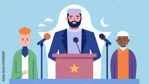 During a press conference a spokesperson from the group makes a powerful statement emphasizing the need for religious tolerance and acceptance.. Vector illustration