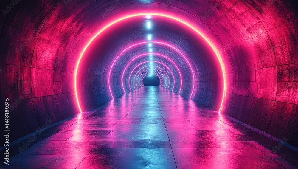 Tunnel with concentric neon circles in pink and blue reflecting on the floor. Tunnel with concentric neon circles in pink and blue reflecting on the floor.