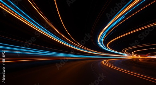 Abstract Light Trails Speed - Dynamic light trails curve and streak across a dark background, suggesting motion and speed. Perfect for technology or transportation themes