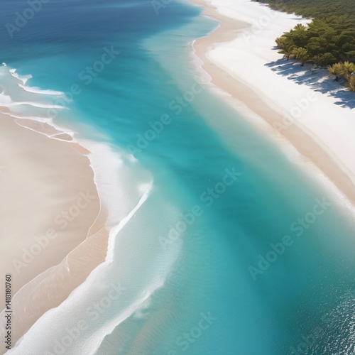 A picturesque beach with soft, white sand, surrounded by azure waters and bathed in sunlight.