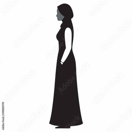 Muslim woman silhouette in hijab and abaya traditional dress full length view