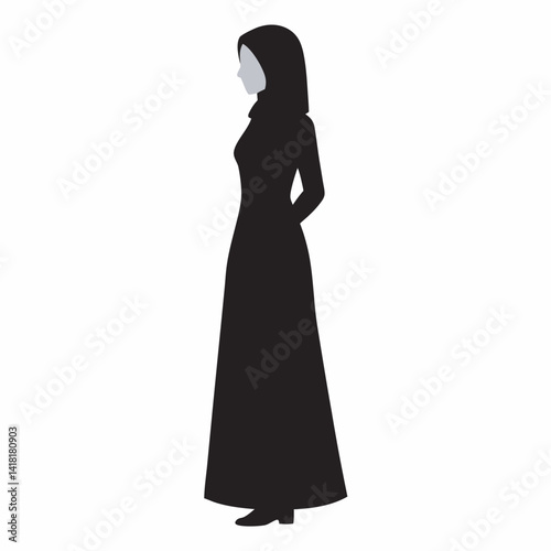 Silhouette of a muslim woman wearing traditional hijab and gown side view