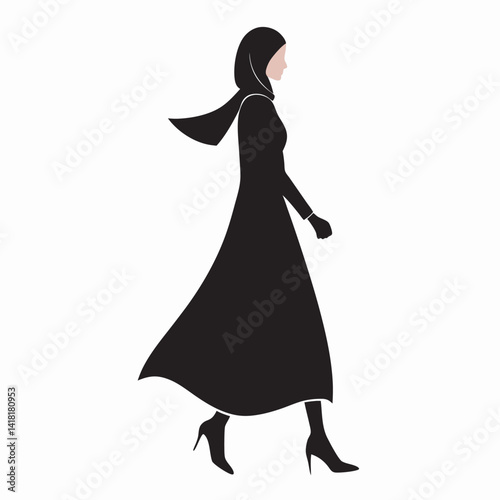 Elegant woman in hijab walking black silhouette fashion illustration