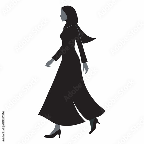 Silhouette of elegant muslim woman walking in hijab and abaya gown
