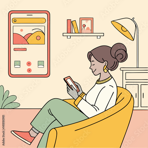 A woman relaxes in a yellow chair, smiling while using her phone. She’s surrounded by cozy decor, and a large screen nearby displays colorful digital content.