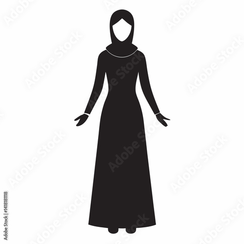 Simple black silhouette of a woman wearing a hijab and traditional dress
