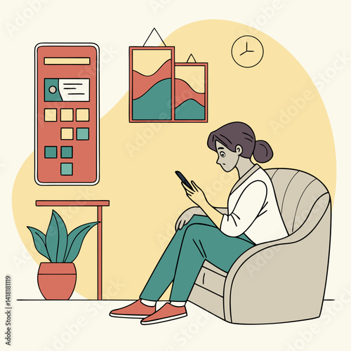 A woman is sitting comfortably in a chair, focused on her phone. The cozy room includes wall art, a clock, a potted plant, and a touchscreen panel on the wall.