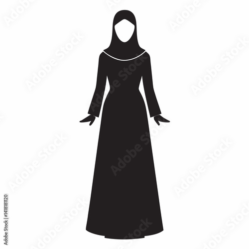 Elegant muslim woman in traditional hijab and gown black silhouette