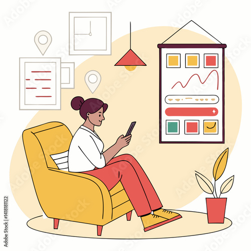 A woman sits in a comfy yellow chair, engaged with her phone while colorful charts and graphs appear on the wall. The modern setting features plants, soft lighting, and framed decor.