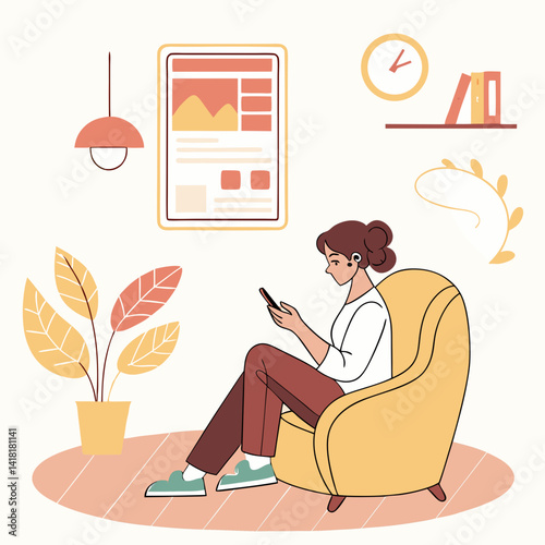 A woman sits peacefully in a cozy armchair, focused on her phone. The room is decorated with soft colors, plants, and wall art, creating a calm and stylish vibe.